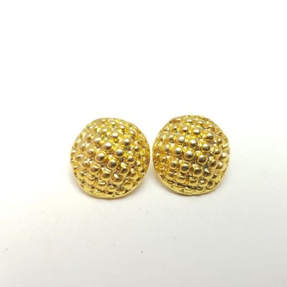 Vintage Textured Gold Tone Dome Stud Earrings, Simple Retro Design - Picture 2 of 6